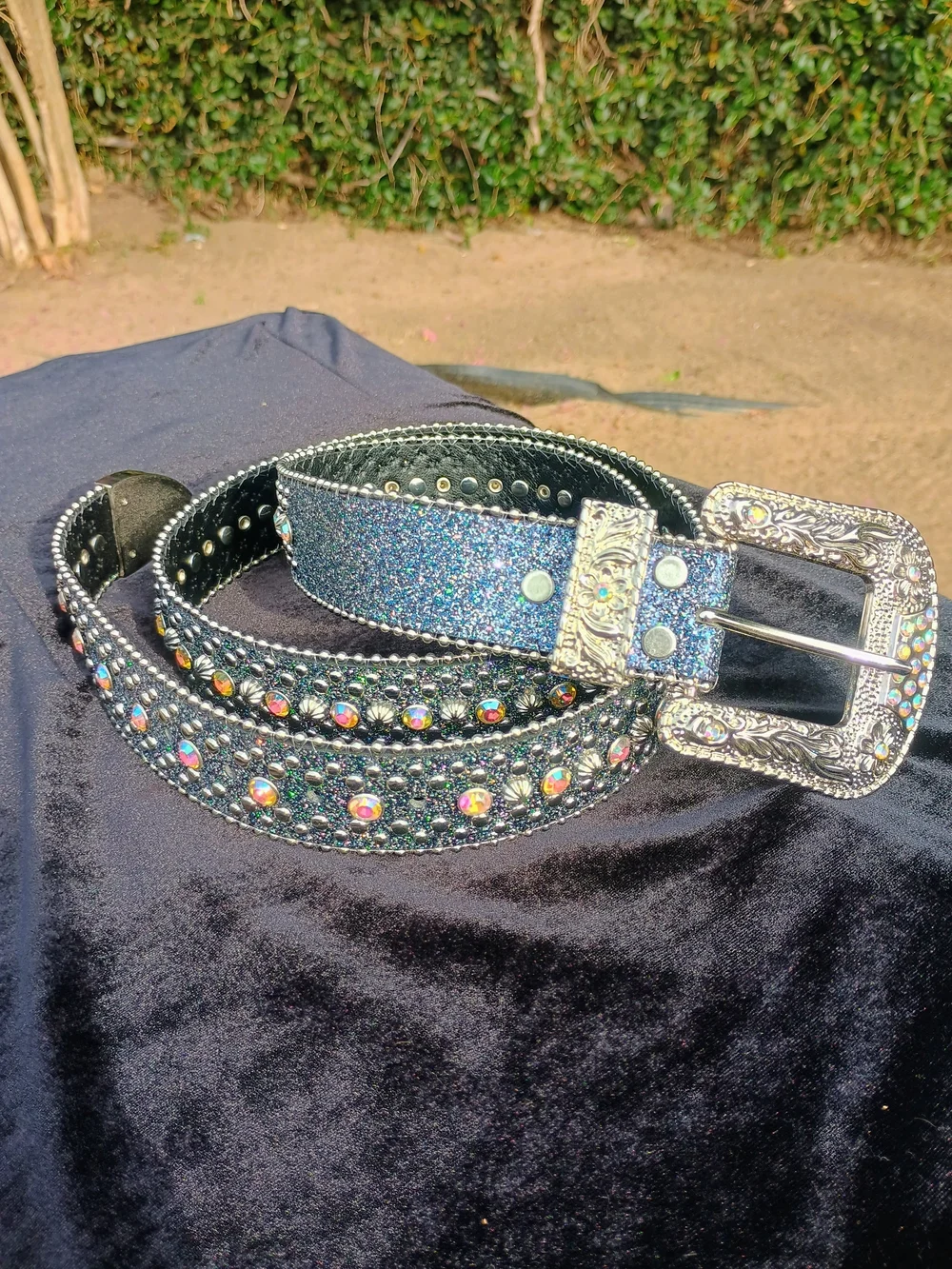 Embellished Western-Style Rhinestone Belt - Blue Glitter